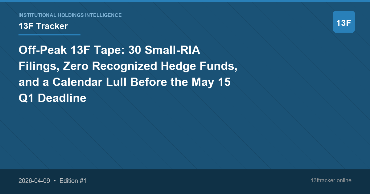 Off-Peak 13F Tape: 30 Small-RIA Filings, Zero Recognized Hedge Funds, and a Calendar Lull Before the May 15 Q1 Deadline